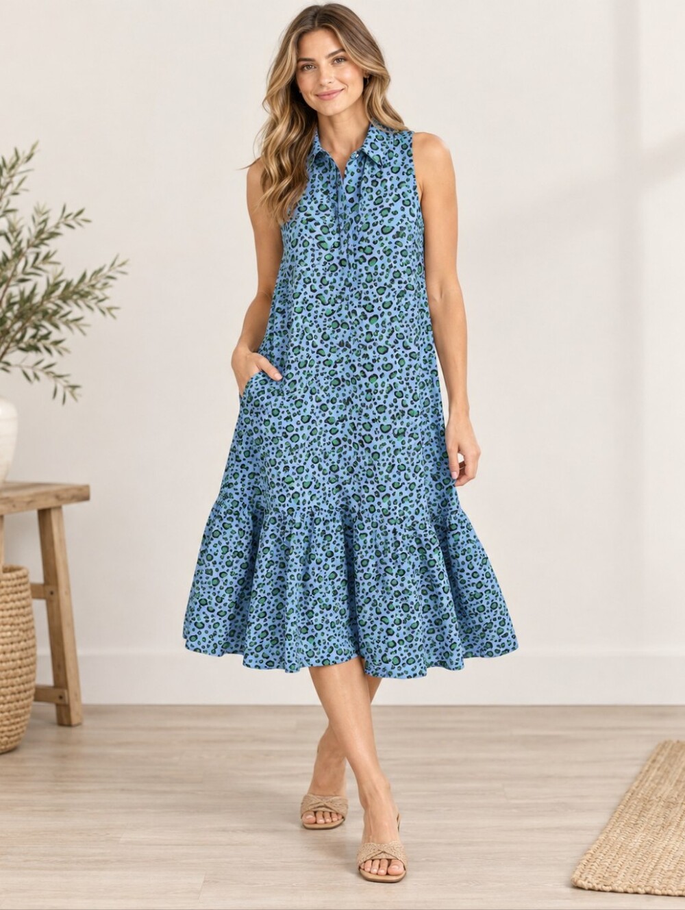 Anthropologie Maeve Paola Flounced Midi Ruffle Sleeveless Blue Leopard dress XS